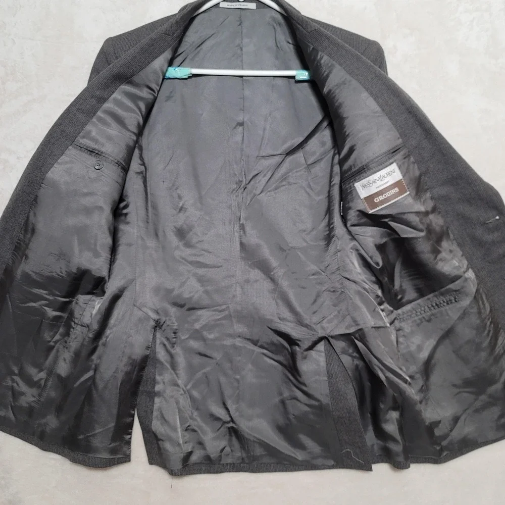 Yves Saint Laurent Blazer Mens Large Gray Pinstripe Wool Made in France Jacket
